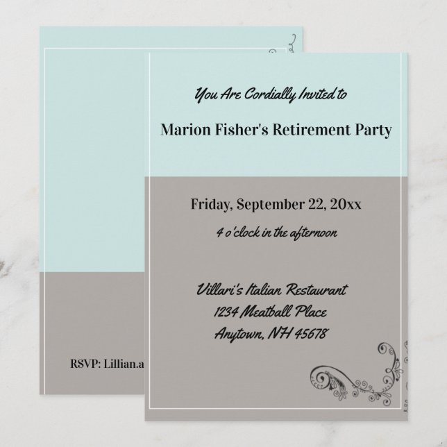 Simple Mint Blue Grey Retirement Party Restaurant Invitation (Front/Back)