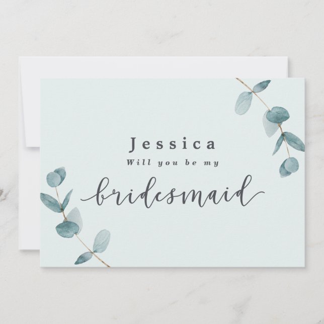 Simple Mint Eucalyptus Bridesmaid Proposal Card (Front)