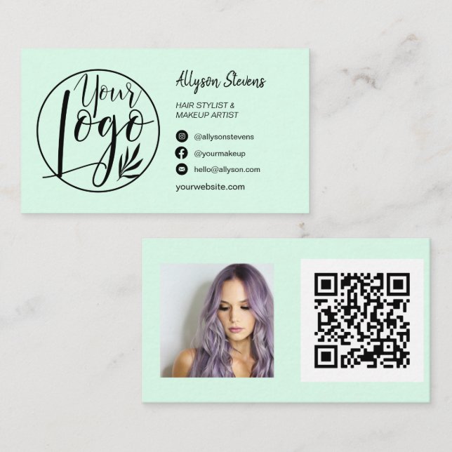 Simple mint green hair makeup photo logo qr code  business card (Front/Back)