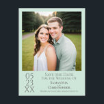 Simple Mint Green Wedding Save the Date Photo Postcard<br><div class="desc">This pale neo mint green postcard is the perfect way to let your friends and family know about your upcoming wedding. Features a simple minimalist design with is artsy,  modern,  and elegant including your photo with grey text containing all of the vital information.</div>
