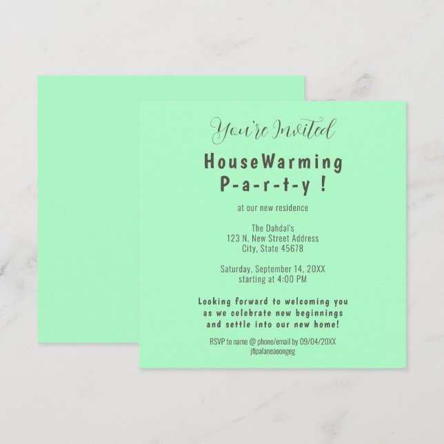 Simple Mint Seafoam Green Housewarming Invitation (Front/Back)