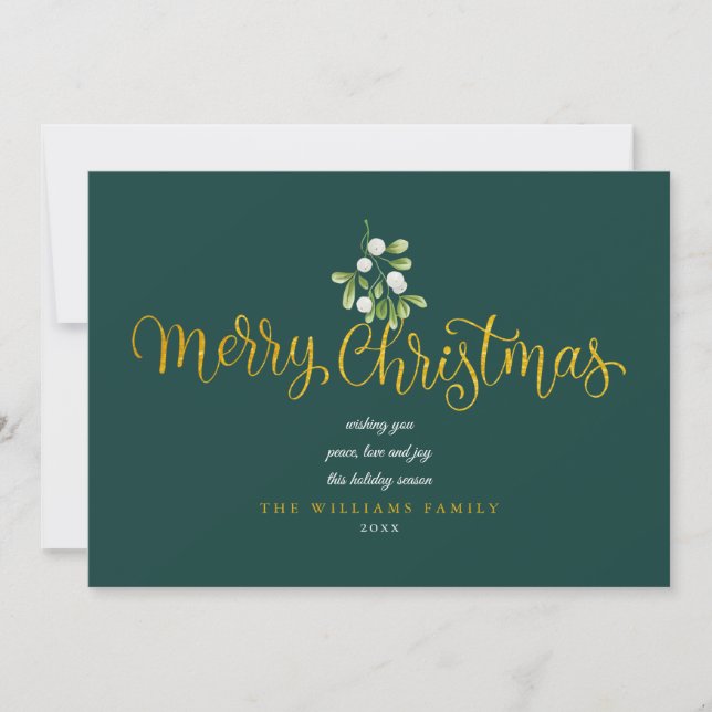 Simple Mistletoe Gold Script Merry Christmas Holiday Card (Front)