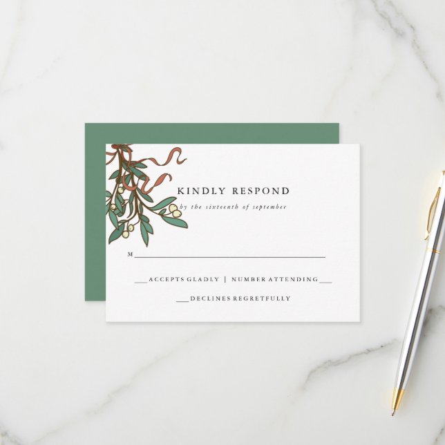 Simple Mistletoe Holiday Wedding RSVP Card (Front/Back In Situ)