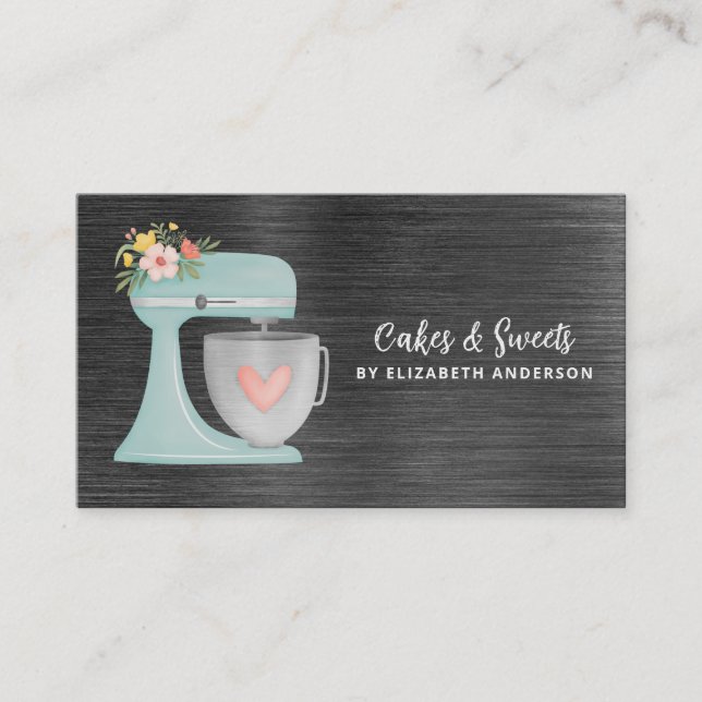 Simple Mixer Floral Cake Bakery Business Card (Front)