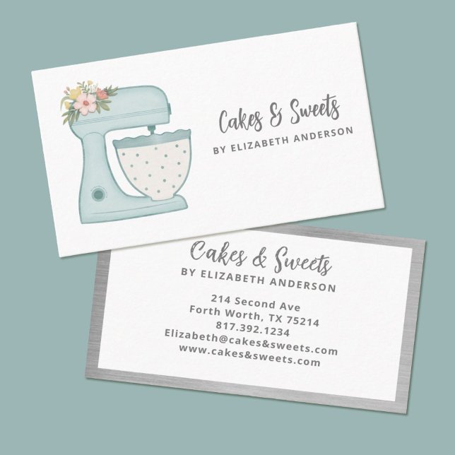 Simple Mixer Floral Cake Bakery Business Card (A pretty blue polkadot mixer with flowers decorates this bakery business card.)