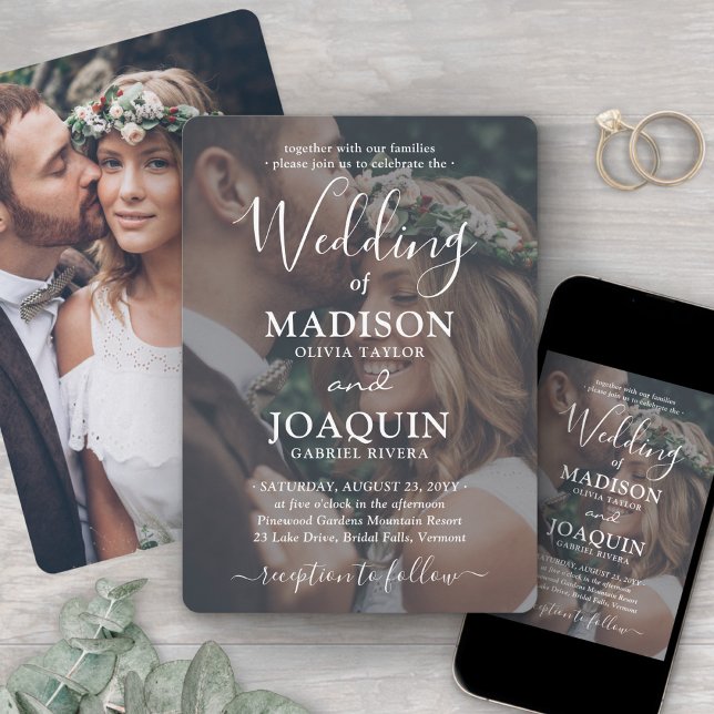 Simple Modern 2 Photo & White Text Overlay Wedding Invitation (Creator Uploaded)