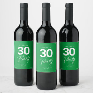 Simple Modern 30 & Flirty Personalised Neon Green Wine Label