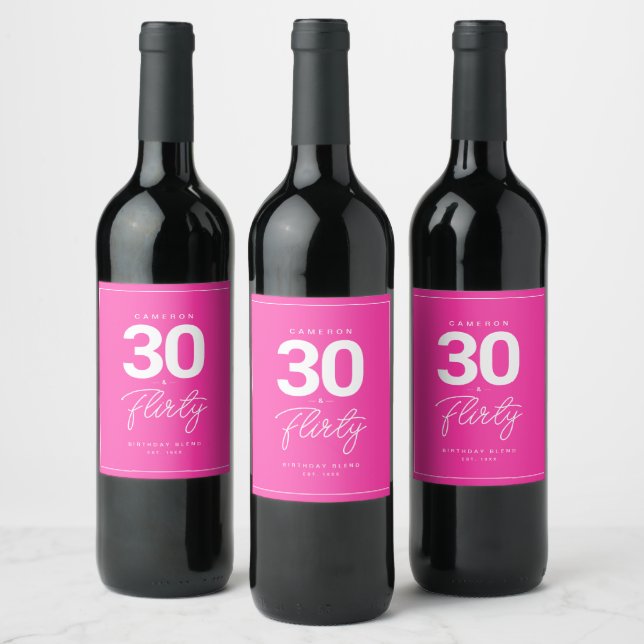 Simple Modern 30 & Flirty Personalised Neon Pink Wine Label (Bottles)