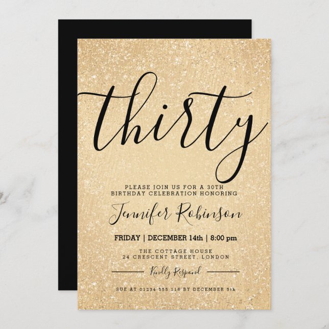 Simple + Modern 30th Birthday Gold Glitter Paint Invitation (Front/Back)