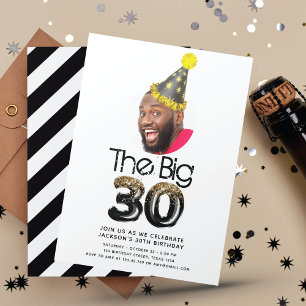 Simple Modern 30th Birthday Photo Black Gold Invitation