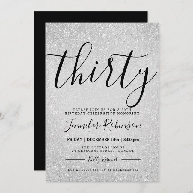 Simple + Modern 30th Birthday Silver Glitter Paint Invitation (Front/Back)