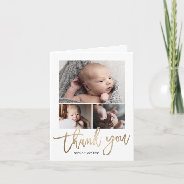 Simple Modern 3 Photo Collage Baby Photo  Thank You Card (Front)