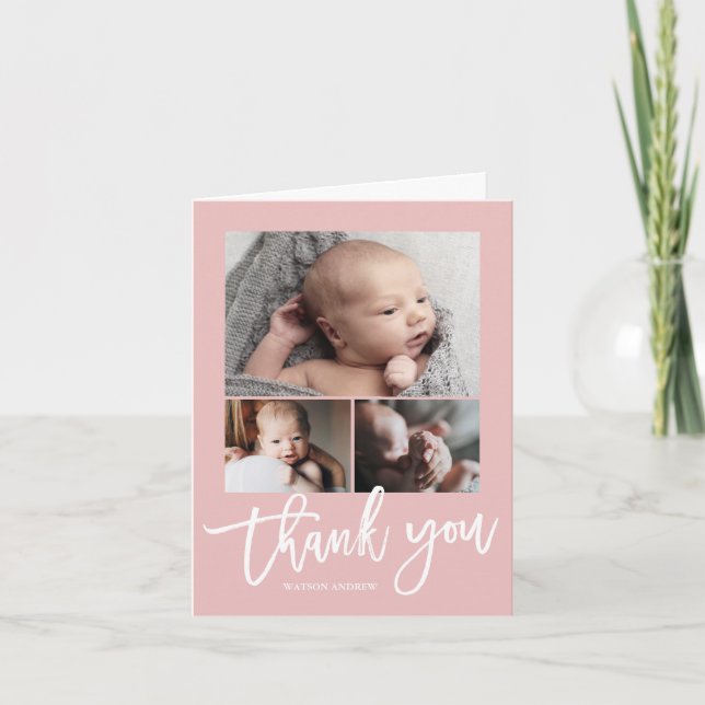 Simple Modern 3 Photo Collage Baby Photo  Thank You Card (Front)