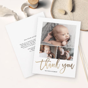 Simple Modern 3 Photo Collage Baby Photo  Thank You Card