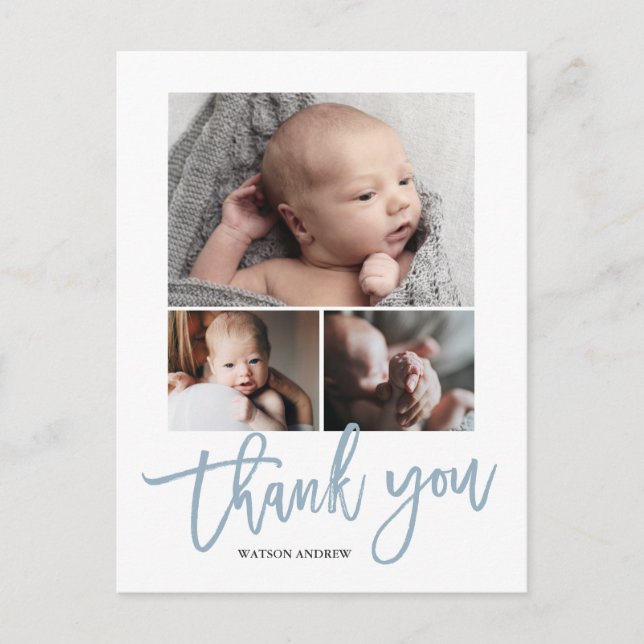 Simple Modern 3 Photo Collage Baby Photo Thank You Postcard (Front)
