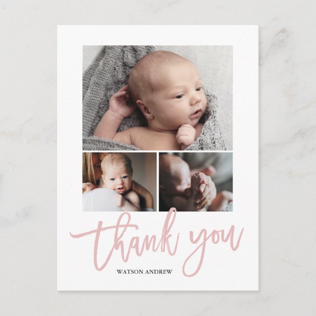 Simple Modern 3 Photo Collage Baby Photo Thank You Postcard (Front)