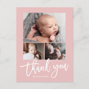 Simple Modern 3 Photo Collage Baby Photo Thank You Postcard