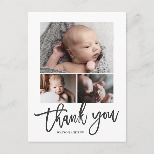 Simple Modern 3 Photo Collage Baby Photo Thank You Postcard (Front)