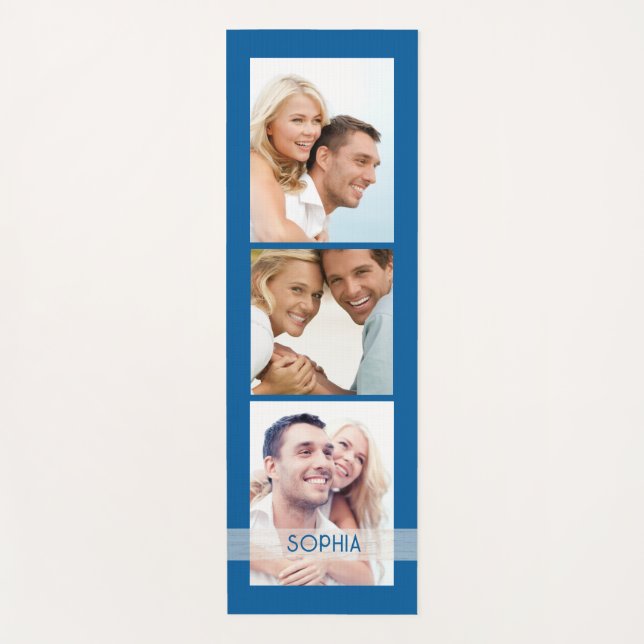 Simple Modern 3 Photo Collage Blue Personalised Yoga Mat (Front)