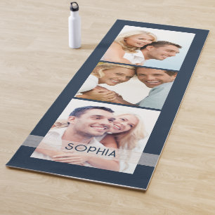 Simple Modern 3 Photo Collage Name Navy Blue  Yoga Mat