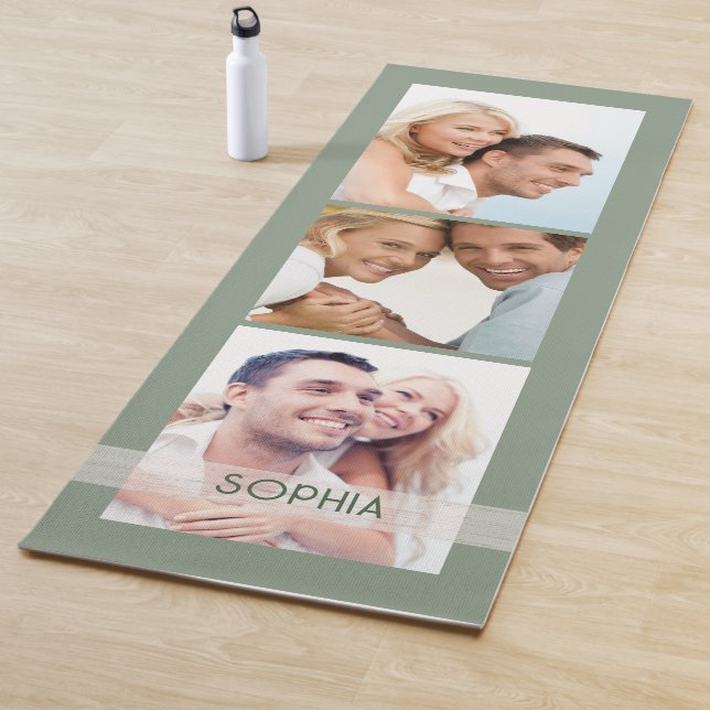 Simple Modern 3 Photo Collage Sage Green Wellness Yoga Mat (In Situ)