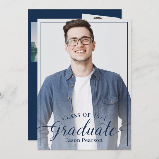 Simple Modern 3 Photo Navy Blue Script Graduation Invitation (Front/Back)