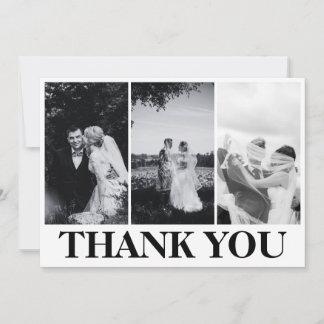 Simple Modern 3Photo Black &White Wedding Thank You Card