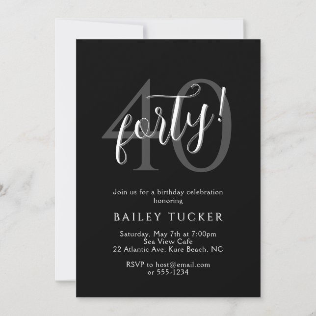 Simple Modern 40th Birthday Women's Black & White Invitation (Front)