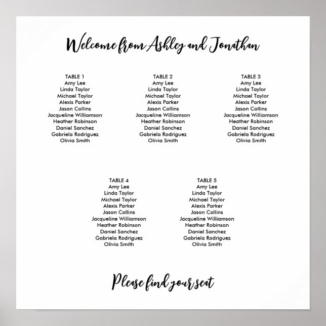Simple Modern 5 Table Seating Chart (Front)