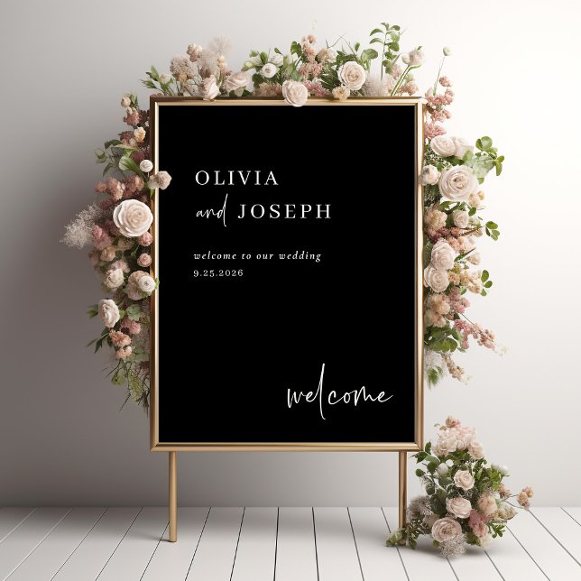 Simple Modern and Minimalist Black Wedding Welcome Poster (A modern and minimalist, dark black wedding welcome poster)