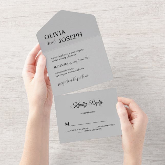 Simple Modern and Minimalist | Grey Wedding  All In One Invitation (Tearaway)