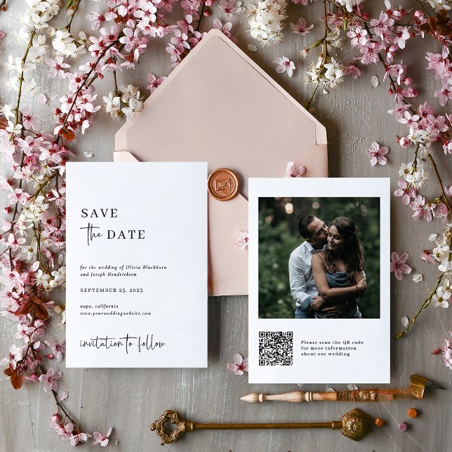 Simple Modern and Minimalist | Large Photo Wedding Save The Date (A modern and minimalist, black and white wedding save the date with photo and QR code)