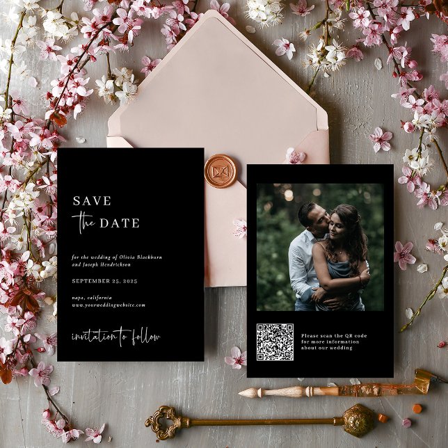 Simple Modern and Minimalist | Photo Wedding Save The Date (A modern and minimalist dark black wedding save the date card, with your photo and a QR code)