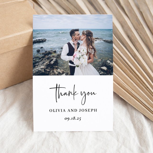 Simple Modern and Minimalist | Photo Wedding Thank You Card (A modern, black and white wedding thank you card with your photo and elegant script)
