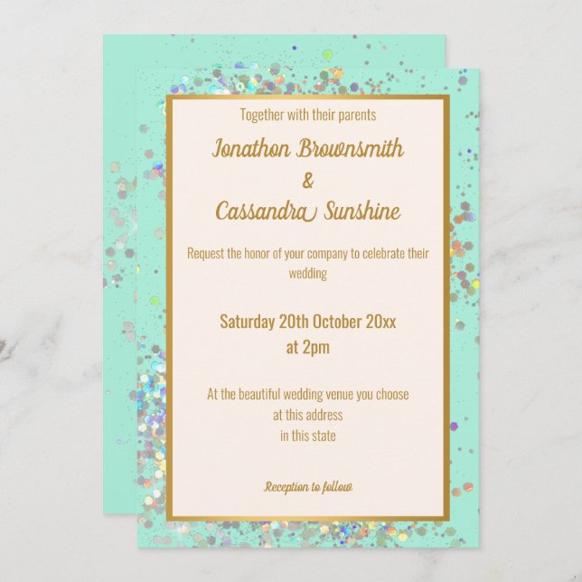 SIMPLE MODERN AQUA GOLD HOLOGRAPHIC PASTEL WEDDING INVITATION (Front/Back)