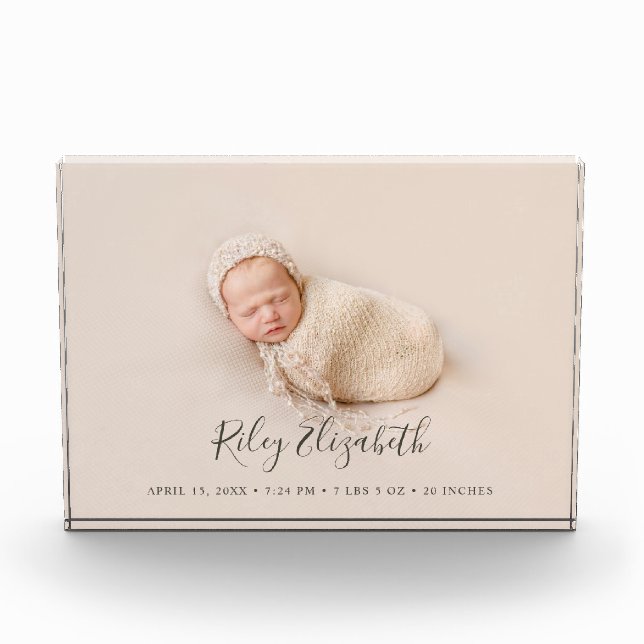 Simple Modern Baby Birth Stats and Newborn Photo Block (Front)