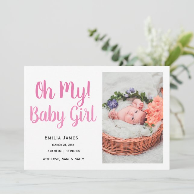 Simple Modern Baby Girl Photo Birth Announcement (Standing Front)