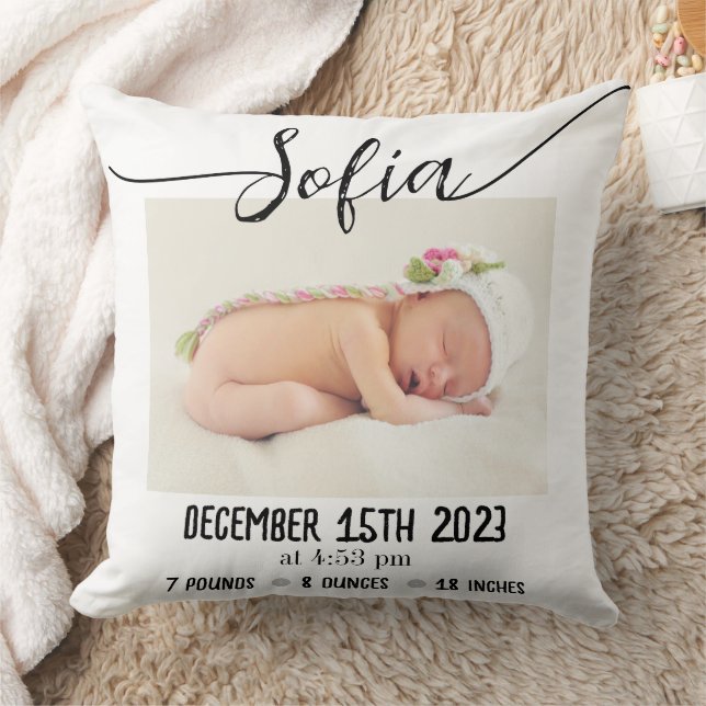 Simple Modern Baby Photo Birth Stats Cushion (Blanket)