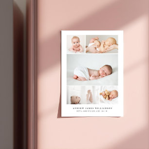 Simple Modern Baby Photo Collage Birth Stats Magnetic Invitation