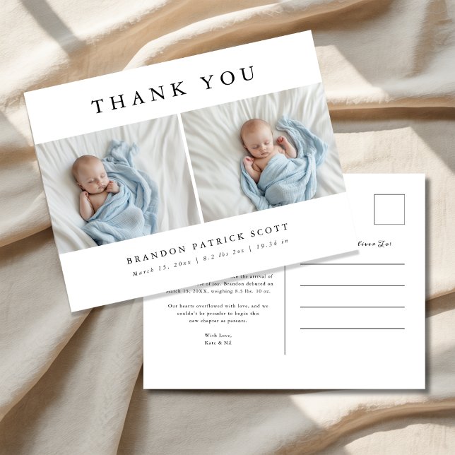 Simple Modern Baby Photo Thank You Birth Announcement Postcard (Creator Uploaded)