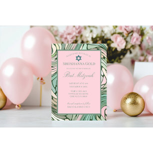 Simple Modern Bat Mitzvah Pink and Green Invitation