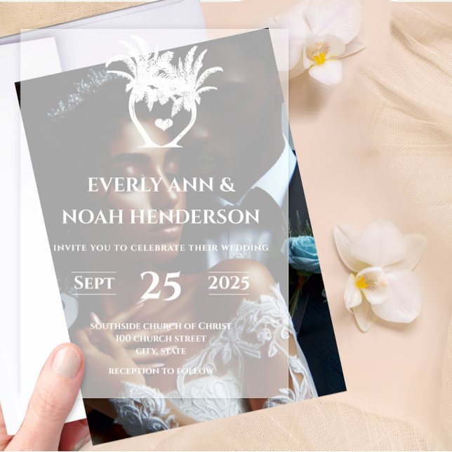 Simple Modern Beach Palm Tree Minimalist Wedding Vellum Invitations (Creator Uploaded)