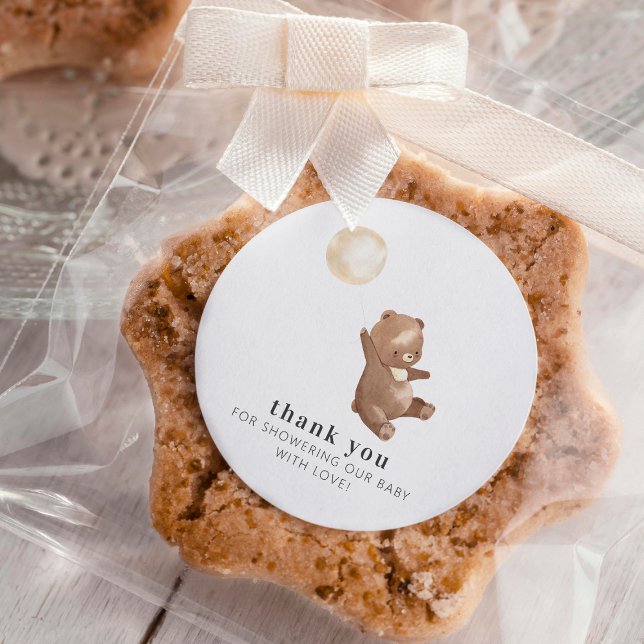 Simple Modern Bear & Balloon Baby Shower Thank you Classic Round Sticker (Creator Uploaded)