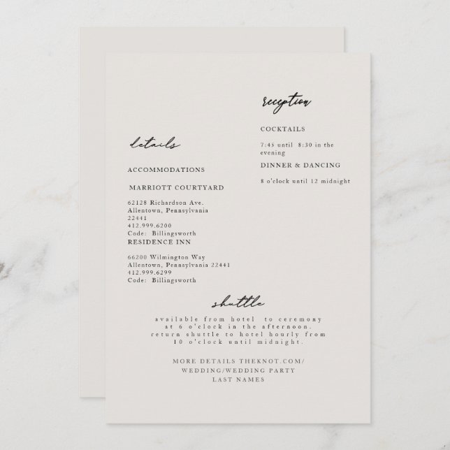 Simple Modern Beige Wedding Detail Invitation (Front/Back)