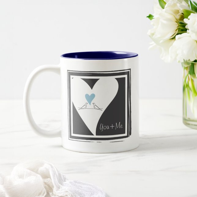 Simple Modern Birds in Love Light Blue Heart Two-Tone Coffee Mug (Creator Uploaded)