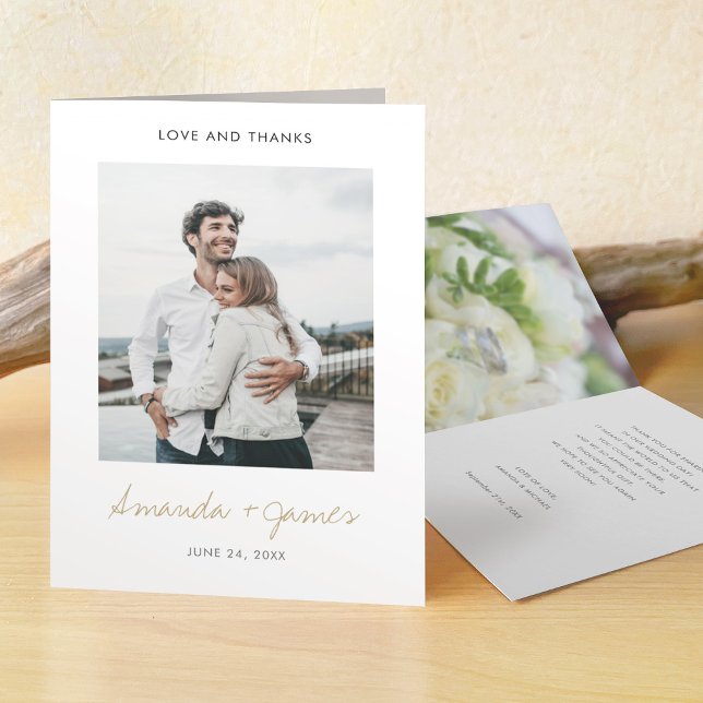 Simple Modern Black and Gold Photo Wedding Thank You Card (Creator Uploaded)