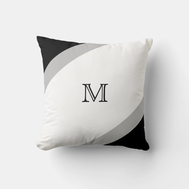 Simple Modern Black and Grey Striped Monogram Cushion (Front)