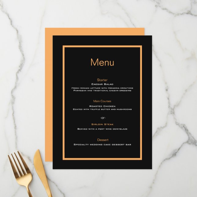 Simple modern black and orange wedding flat menu (Front/Back In Situ)