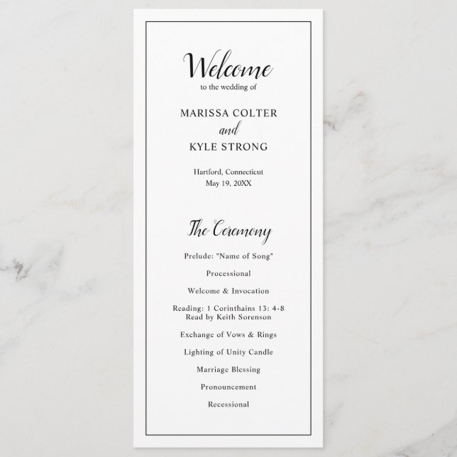 Simple Modern Black and White Elegant Wedding Program (Front)
