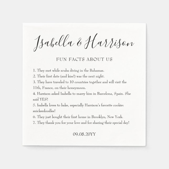 Simple Modern Black and White Fun Facts Wedding Napkin (Front)